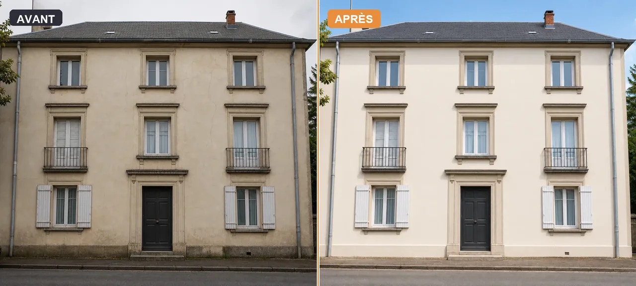 Avant après rénovation de bâtiment — façade vieillissante puis enveloppe remise à neuf