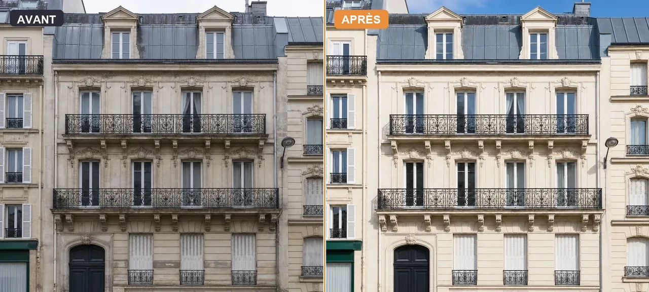 Avant après ravalement de façade — pierre ternie puis façade comme neuve